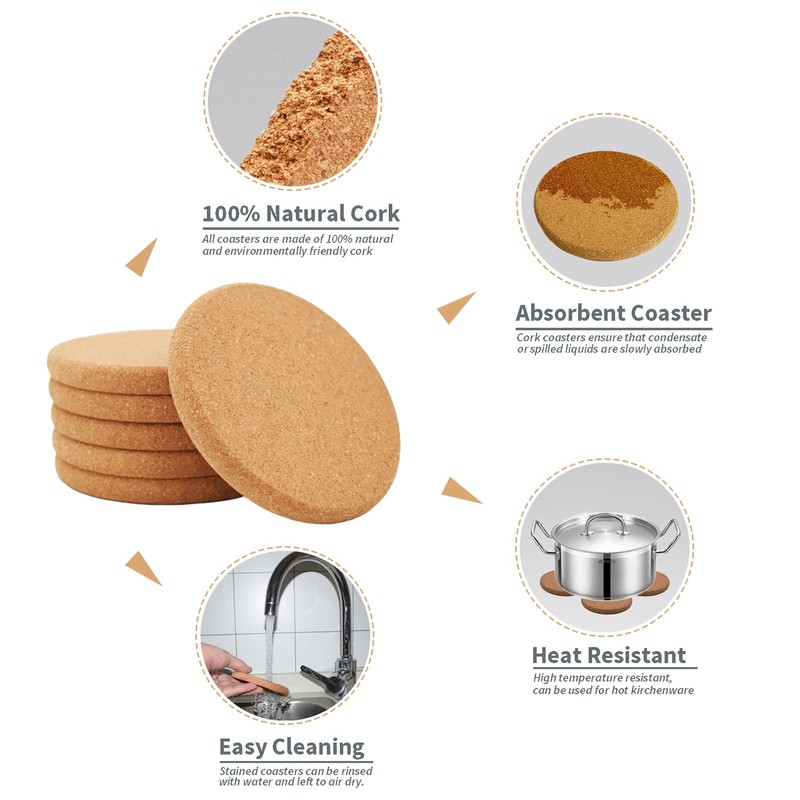 Cork Coasters for Drinks Absorbent - 6 Pcs Cork Coasters