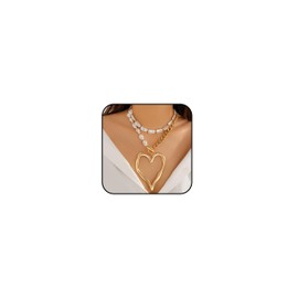 Large Heart Necklaces for Women Chunky Love Pearl Choker Necklaces Exaggerated Large Hollow Heart Pendant Necklace Statement Necklace for Women Dainty Jewelry Gifts (gold)