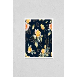 Poster Reproduction of Picturesque seamless pattern with rose arrangements, gold leaves and rosebuds hand drawn in watercolor isolated on a dark background. Watercolor floral background. Ideal