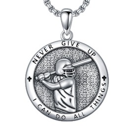 enjoylifecreative Baseball / Basketball / Softball / Football Necklace for Men Sports Lovers Fans Sterling Silver Never Give Up Sports Necklace Sports Gift for Birthday and Christmas, Sterling Silver