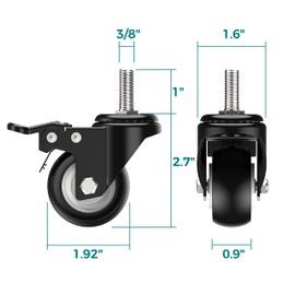 HOLKIE Caster Wheels 2 inch Total Locking Stem Casters, 3/8" -16 x 1" (Stem Diameter 3/8", Stem Length 1") Threaded Stem Casters Swivel Casters Set of 4 Heavy Duty Castors Black