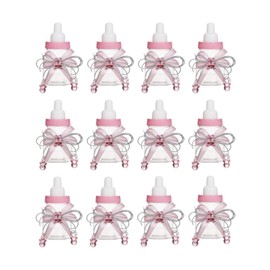 Colorsheng 12 Pcs Baby Bottle Shower Favor, 3.5-Inch Mini Plastic Candy Bottles for Baby Shower, Party Decoration (Pink)