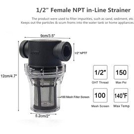 AutoRocking 1/2" Female NPT in-Line Strainer with 100 Mesh Stainless Steel Filter Screen (MWP 150 PSI)