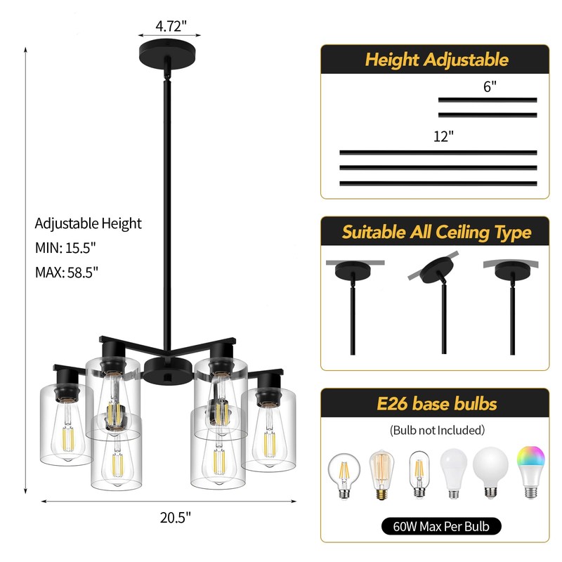 KUSSCO 6-Light Modern Chandelier Chandeliers with Clear Glass Shade, Black