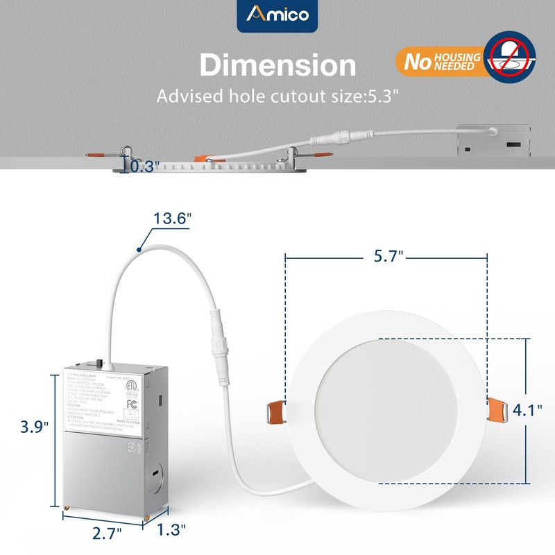Amico 12 Pack 5 Inch 5CCT Ultra-Thin LED Canless Recessed