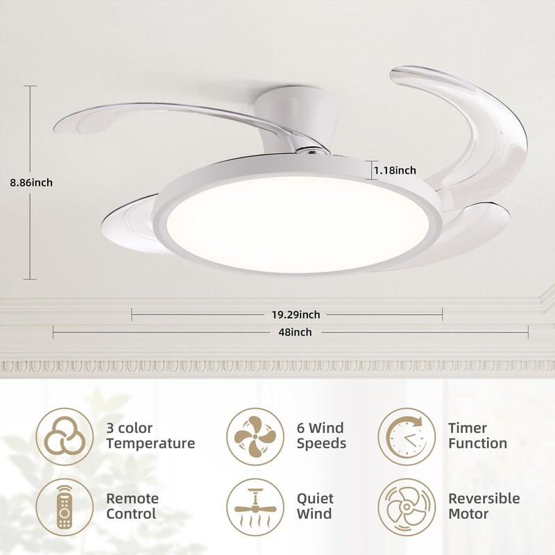48 inch White Slim Retractable Ceiling Fan with Light and