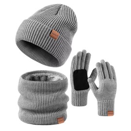 Winter Beanie Hat Gloves Set for Men Women, Hats for Men Touchscreen Gloves for Cold Weather, Fashion 3 in 1 Winter Warm Set(Gray)