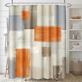 ArtSocket Abstract Orange Bathroom Set with Shower Curtain and Rugs Accessories, Brown and Gray Modern Shower Curtain, Orange Bathroom Decor 4 Pcs