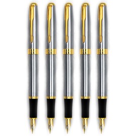 Gullor 5PCS Fountain Pens BE388 Gold Trim, Medium Nib, Silver