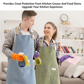DILUSILK Stripe Bib Apron, 2 Pcs Chefs Apron, Woman Apron with Pockets, Adjustable Apron,Chefs Kitchen Aprons for Cooking, Baking, Gardening, Household Cleaning, Restaurant (Green)