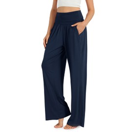 ODODOS Women's Wide Leg Palazzo Lounge Pants with Pockets Light Weight Loose Comfy Casual Pajama Pants-28 inseam, Navy, Medium