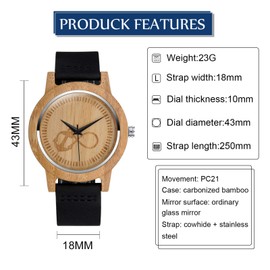 MicLee Men's Women's Unisex Bamboo Infinity Sign Infinity Wooden Watch Analogue Quartz Movement Watch with Leather Strap for Women Men Gifts, b, Strap.