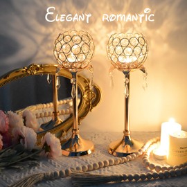 Kehail Set of 3 Gold Crystal Tea Light Candlestick Holders Flower Shape with Crystal Pendant Bowl Votive Metal Candle Holder for Table Centerpieces Wedding Home Decor (Set of 2 high, Gold)