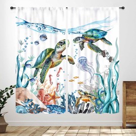 Cortina de tortuga marina, azul azulado, océano, playa, tortuga, estrella, mar, medusa, criaturas, náutico, costera, tratamientos de ventana para sala de estar, recámara, baño, juegos de 2 paneles, 42