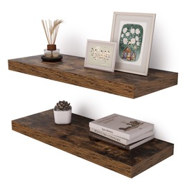 Fun Memories 30 Inch Floating Shelf, 12 Inch Deep Shelves for Bathroom, Rustic Wood Wall Shelves for Wall Decor & Storage, Wall Mounted Wood Shelf, Rustic Brown, Set of 2