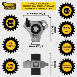 SabreCut 1 x MRSC15 Compact Dual Drive Palm Finger Ratchet - 1/4" Hex and Square Drive, 72 Tooth Gear High Torque Ratchet (27.5Nm) Professional Stainless Steel Tool