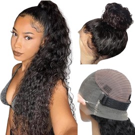tunfine Hidden Strap 360 Glueless Lace Front Wigs Human Hair Pre Plucked 200 Density HD 360 Full Lace Human Hair Wigs With Invisible Drawstring Water Wave Wigs for Black Women 20 Inch