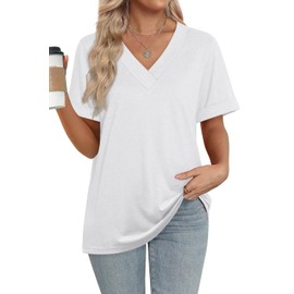 WIHOLL V Neck T Shirts for Women Loose Fit Casual Summer Tops Short Sleeve Shirts Trendy Clothing Fashion 2025 White M