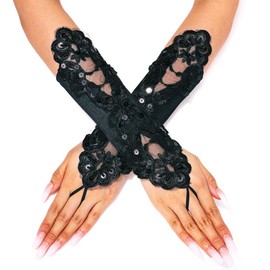 GORAIS Lace Gloves Fingerless Satin Evening Wedding Costume Gloves for Women, Black, One Size