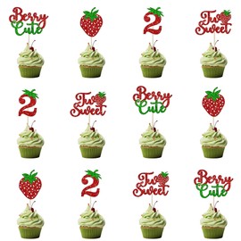 12 Pcs Red Glitter "2" Strawberry Cupcake Toppers - "Berry Cute" "Two Sweet" Picks for 2nd Birthday Party, Anniversary, Summer Celebrations, Cakes & Desserts