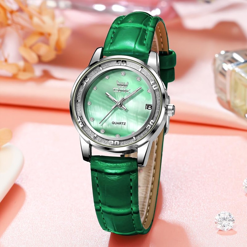 Ladies Analog Watch with Shell Face, Calendar, Stylish Embossed Leather