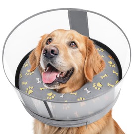 Didopet Inflatable Dog Cone with Anti-Licking Clear Shield, Protective Dog Donut Collar After Surgery, Adjustable Soft Recovery Cone for Pets, Alternative Collar with Buckle Strap (Grey Paw, M+)