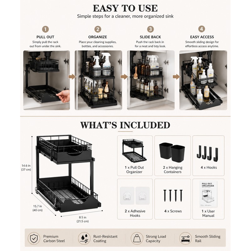 2-Tier Pull-Out Under Sink Organizer for Kitchen & Bathroom Storage