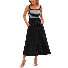 BTFBM Summer Midi Dresses for Women 2025 Sleeveless Square Neck Smocked Flowy Long Beach Vacation Sundress with Pocket(Black, Medium)