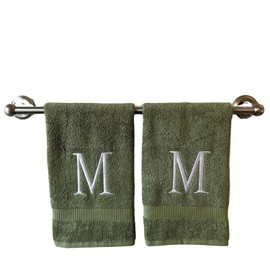 Sage Initial Hand Towel for Bathroom - Monogrammed Luxury Hotel Quality Decorative Embroidered Towel for Powder Room, Spa - GOTS Organic Certified - Set of 2 Letter M