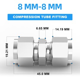 ERGAOBOY 2 Pcs 8mm OD x 8mm OD 304 Stainless Steel Compression Tube Union Connector, Heay Duty SUS 304 Compression Fitting
