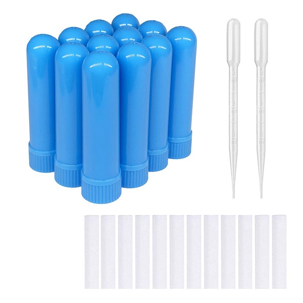 zison 12 Sets(Blue) Essential Oil Aromatherapy Tubes Inhaler Sticks Blank Nasal Inhalers(12 Complete Sticks) + 2 Polyethylene Pipette Droppers