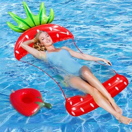 Pool Inflatables, Inflatable Pool Float for Adults with Headrest, Large Lounger Raft, Pool Hammock And Floating Mattress for Relaxation - Blue Pool Chair for Travel And Summer Fun(Strawberry Shape)