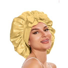 Mcoser Gold Sleep Bonnets,Silk Sleep Bonnets for Women,Adjustable Night Sleeping Cap,Elastic Band Silk Bonnets for Sleeping,Bonnets with Bow for Confinement Bonnet Beauty&Hair Care