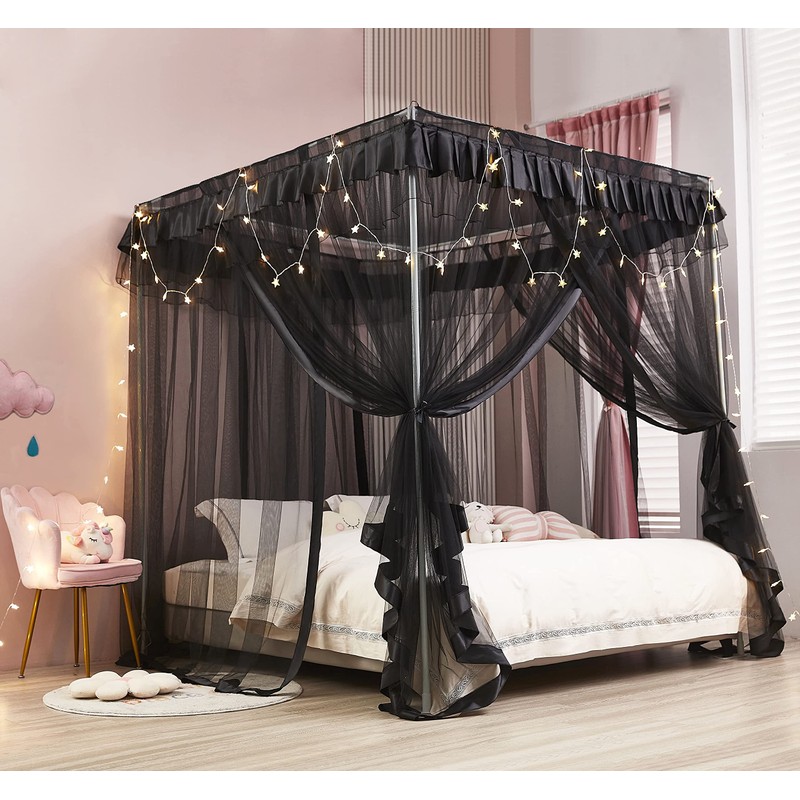 Mengersi Black Bed Canopy, 4 Corner Post Bed Canopy Curtains,