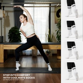 COOLMATE Pilates Socks with Grips for Women, Yoga Socks, Crew Non Slip Women for Workout, Barre, Pilates Gifts (US, Numeric, 6, 10, Regular, Regular, 4 Pair Crew White)