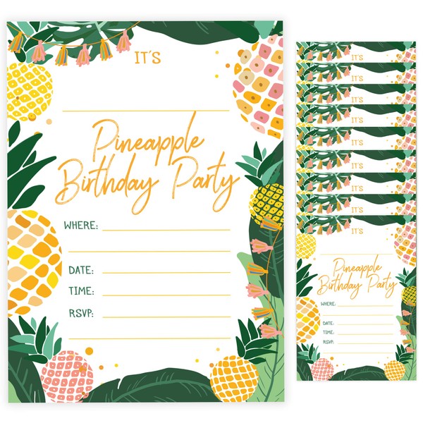 Pineapple Happy Birthday Invitations Invite Cards (10 Count) With Envelopes Boys Girls Kids Party (10ct)