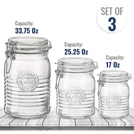 Bormioli Rocco Officina 1825, Set of 3 - Clear Glass Jars with Swing Top - Vintage Industrial Style Airtight Containers for Dry Food Storage, 33.75 Oz, 25.25 Oz, 17 Oz - Dishwasher Safe, Made in Italy