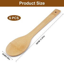 6 Pieces Wooden Spoons for Cooking 30 cm Long Handle Bamboo Spoon Cooking Utensils Set Natural Wooden Spoon Mixing Spoon Serving Spoons Premium Kitchen Utensils for Non-Stick Cookware
