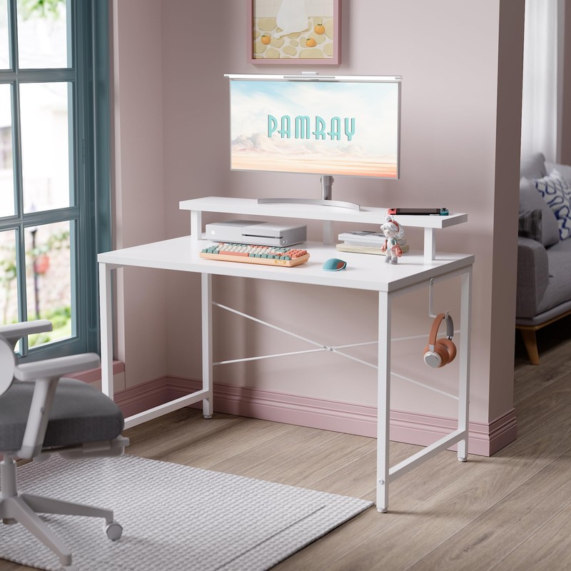 Pamray 32 Inch Small Computer Desk with Monitor Stand, Simple