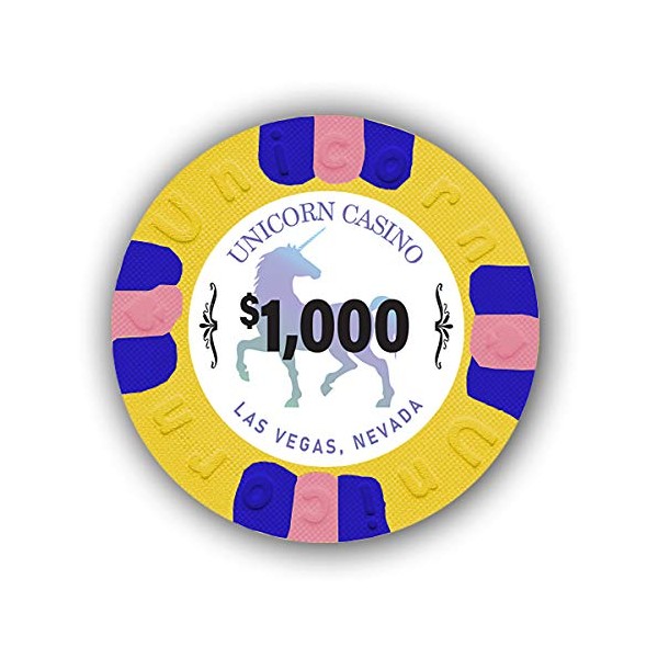 Pack of 50 Unicorn All Clay 9 Gram Poker Chips with Denomination, Authentic Casino Weighted Chips (Yellow $1000)