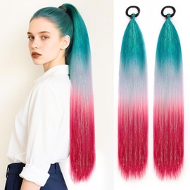 26 Inch Hair Tinsel Colored Braided Ponytail for Kids, 2 Pack Gradient Tinsel Hair Extensions Ponytail with Tie, DIY Festival Wacky Rave Braids, Ombre Green to Grey to Red