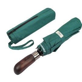 Balios Travel Folding Umbrella with Real Wood Handle Auto Open Close Vented Windproof Canopy - Designed in UK (Herringbone Jade Green)