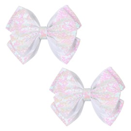 6-Inch Double Layer Sequin Bow Hair Clips for Girls – Sparkling Alligator Clip Bows, Pack of 2, Ideal for Kids' Hairstyles and Special Occasions – White