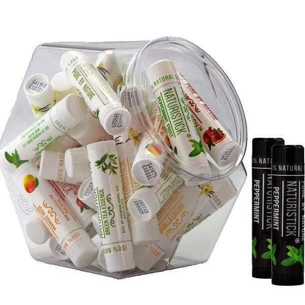 32-Pack Lip Balm in Bulk by Naturistick. Assorted Flavors. 100% Natural Ingredients. Includes Mini Display Fishbowl. Best Beeswax Chapstick for Dry, Chapped Lips. Made in USA