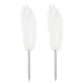 PATIKIL 1.0mm Feather Ballpoint Pens Bulk, 2Pcs Black Ink Vintage Plated Rod Quill Writing Pens for Office Wedding Guest Signature Style 1, White/Silver