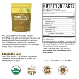 Organic Monk Fruit Extract Powder, 3.5 oz, Pure USDA Organic Monk Fruit Extract Sweetener with No Fillers, Zero Calories, Zero Carbs, Keto & Paleo Friendly Sugar Substitute, 322 Servings by Natri Sweet