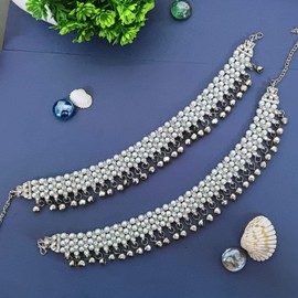 Efulgenz Indian Bollywood Crystal Faux Pearl Wedding Bridal Anklet Pair with Bells Bracelet Payal Foot Jewelry for Women