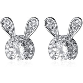 CZ Cute Rabbit Small Stud Earrings S925 Sterling Silver for Women Teen Girls Dainty Crystal Diamond Lovely Bunny Pet Animal Cartilage Earring Ear Pierced Studs Chic Jewelry Birthday Gifts