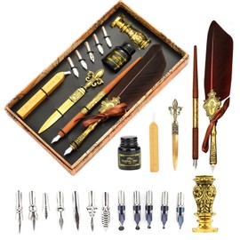 Joyeee Calligraphy Set for Beginners Adults, Inclued Antique Sealing Wax Kit, Wooden Comic Dip Pen, 17 Dip Pen Nibs for Writing, 2 in 1Pen Stand Base and Wax Stamp for Sealing Letter, Brown