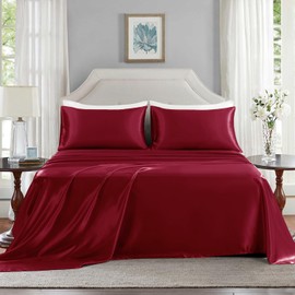 GOLAL Satin Sheets King Size - 4 Pieces Luxury Silky Soft Bed Sheets, Wrinkle-Free Burgundy Satin Silk Sheet Set with 1 Deep Pocket Fitted Sheet, 1 Flat Sheet, 2 Pillow Cases